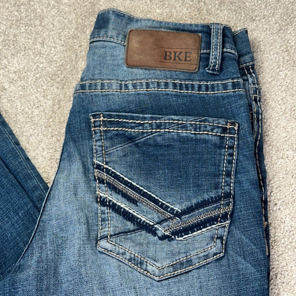 BKE Mens 28R Alec Straight Leg Jeans Blue Embroidered Contrast Stitch Western